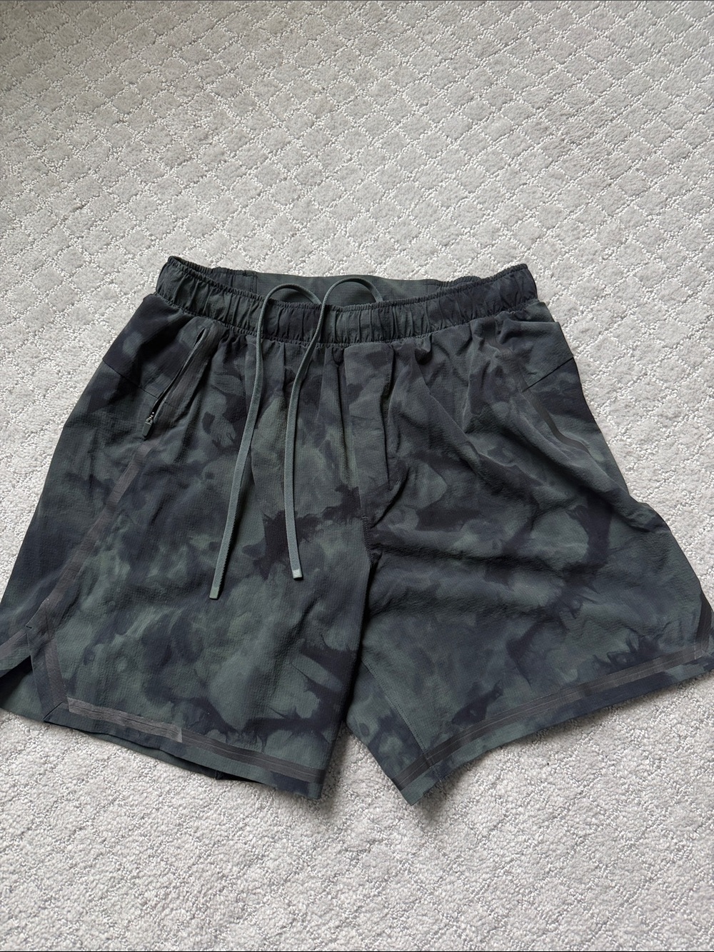 Men's Dark Green & Black Camo Lululemon shorts with Drawstring